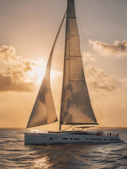 Um iate de luxo navegando na costa de Palm Beach, com um pôr do sol lançando tons dourados sobre o oceano.