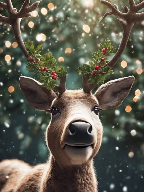 A cute, chubby reindeer with big endearing eyes gazing upwards towards a hunter green mistletoe.