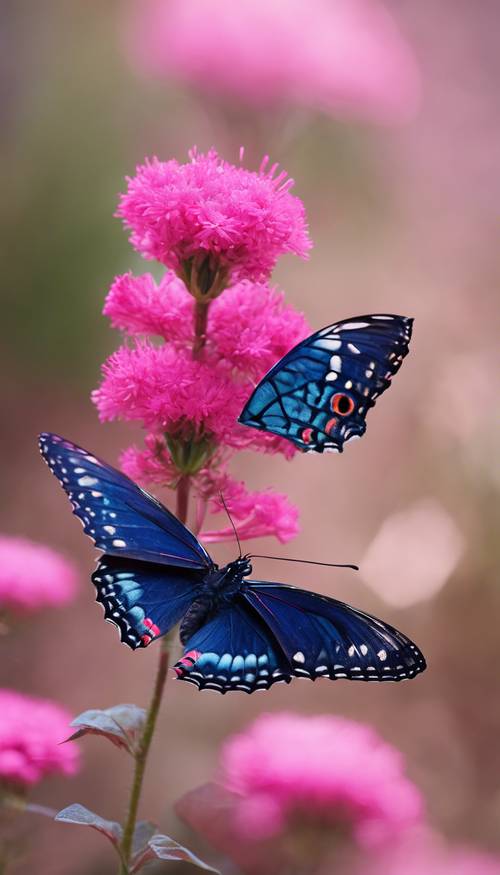 Una mariposa azul marino posada sobre una flor rosa brillante