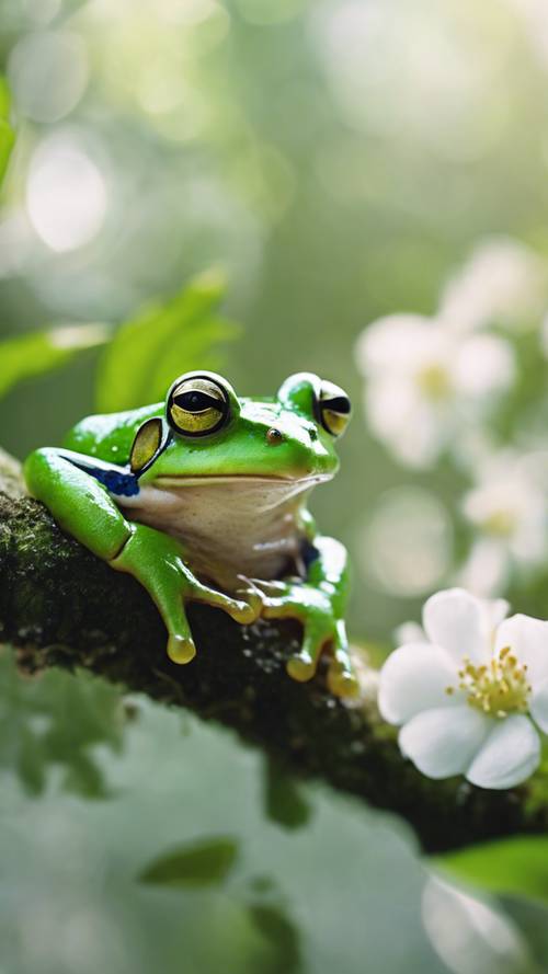 A bright green frog on a white blossom in the rainforest