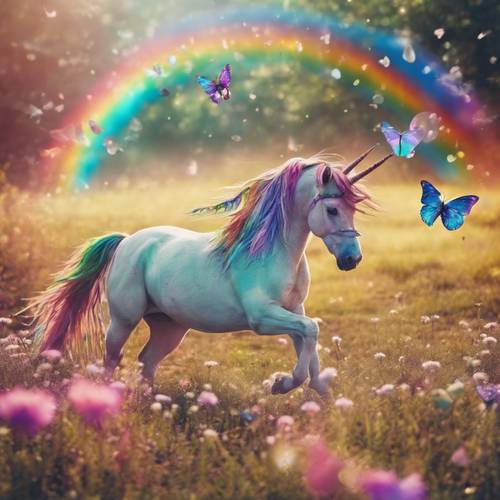 Pelangi boho ditampilkan dengan unicorn terbang dan kupu-kupu berwarna pelangi.