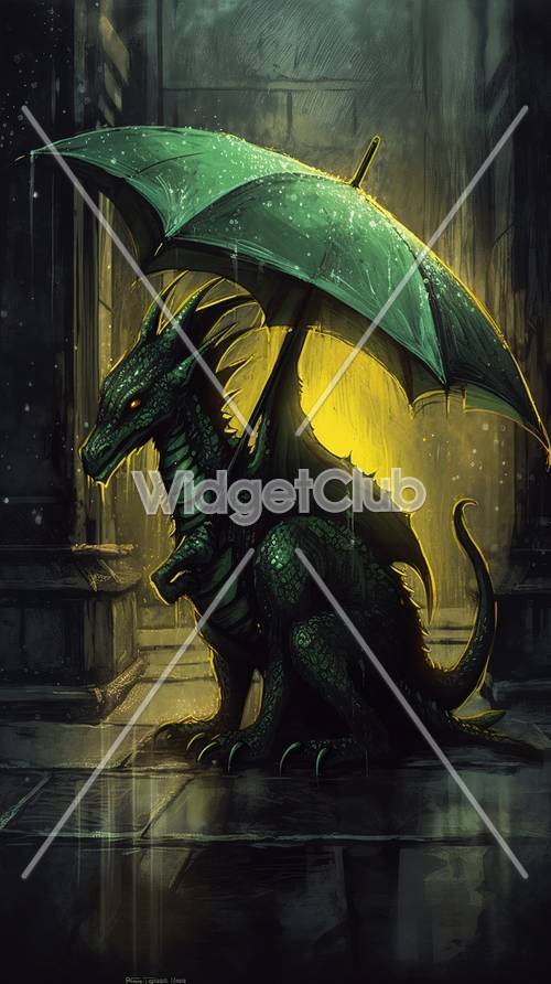 Зеленый дракон под желтым зонтиком под дождем