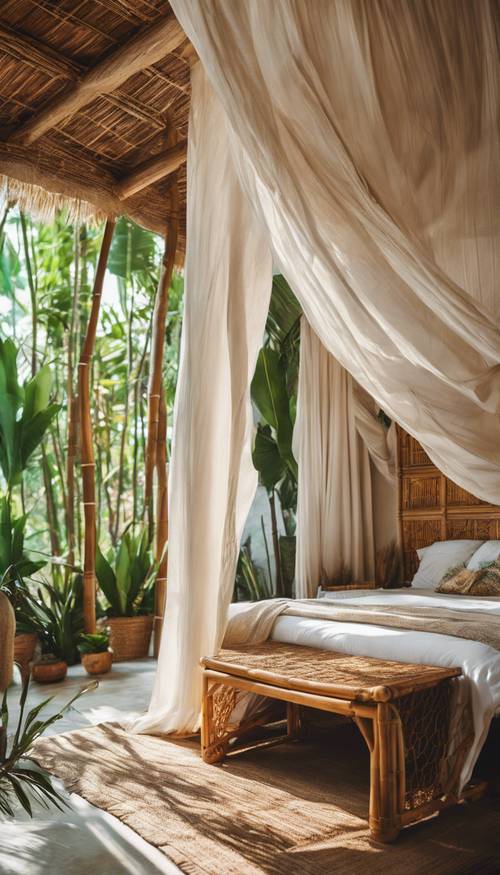Un dormitorio tropical de estilo bohemio con muebles de bambú y una cama con dosel.