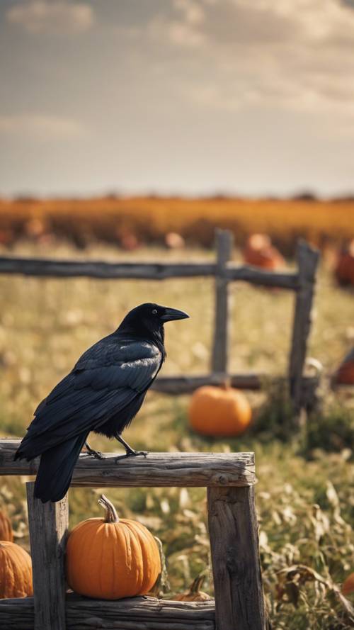 Um corvo empoleirado numa velha cerca de madeira num campo cheio de espantalhos e abóboras.