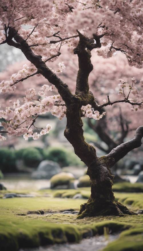 A single black cherry blossom tree in a serene Japanese garden