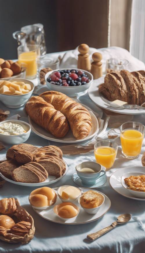Une table de petit-déjeuner danoise bien aménagée avec du pain de seigle, du fromage et des pâtisseries, dans des tons pastel apaisants.