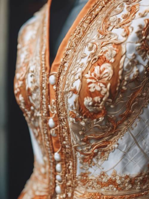 Detailed close up of a serene dress with swirling, baroque patterns in orange and white