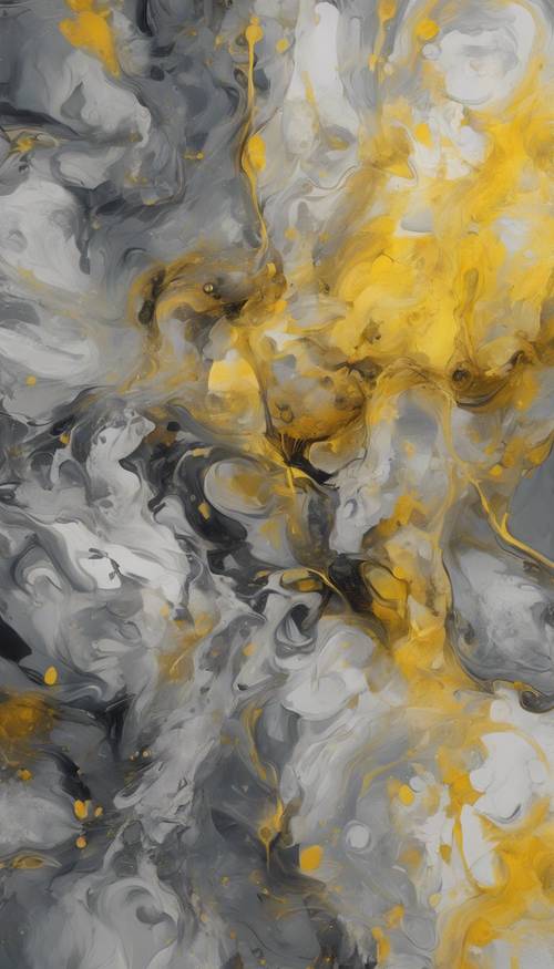 Uma hipnotizante pintura abstrata que mistura tons de cinza e amarelo em um padrão rítmico.