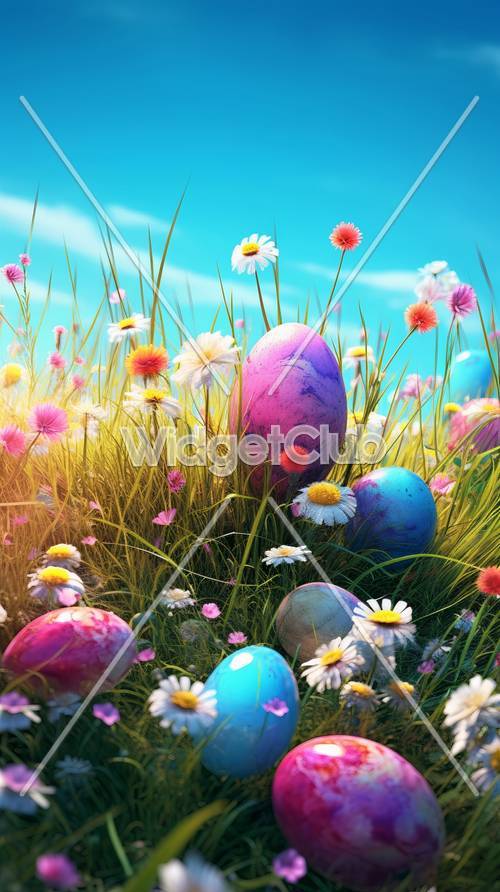 春天草地上的彩色复活节彩蛋