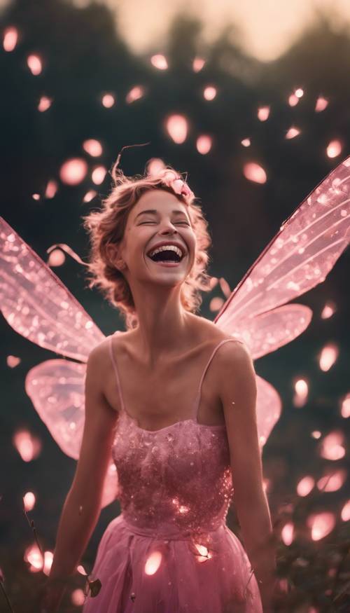 Веселая розовая фея смеется среди стаи светящихся светлячков сумрачным вечером.