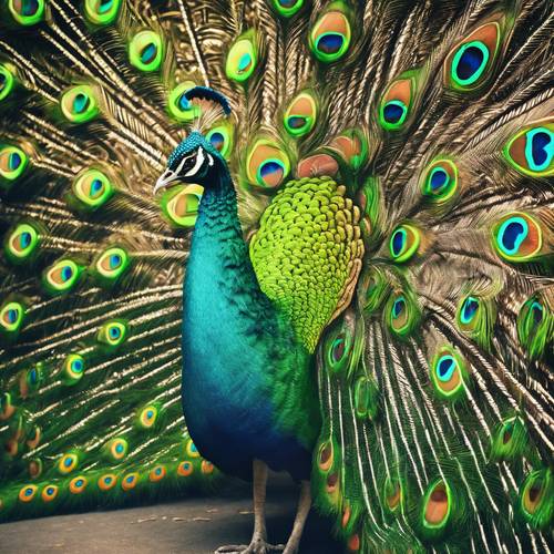 A vibrant green peacock with multi-hour feathers fanning out in a funky pattern