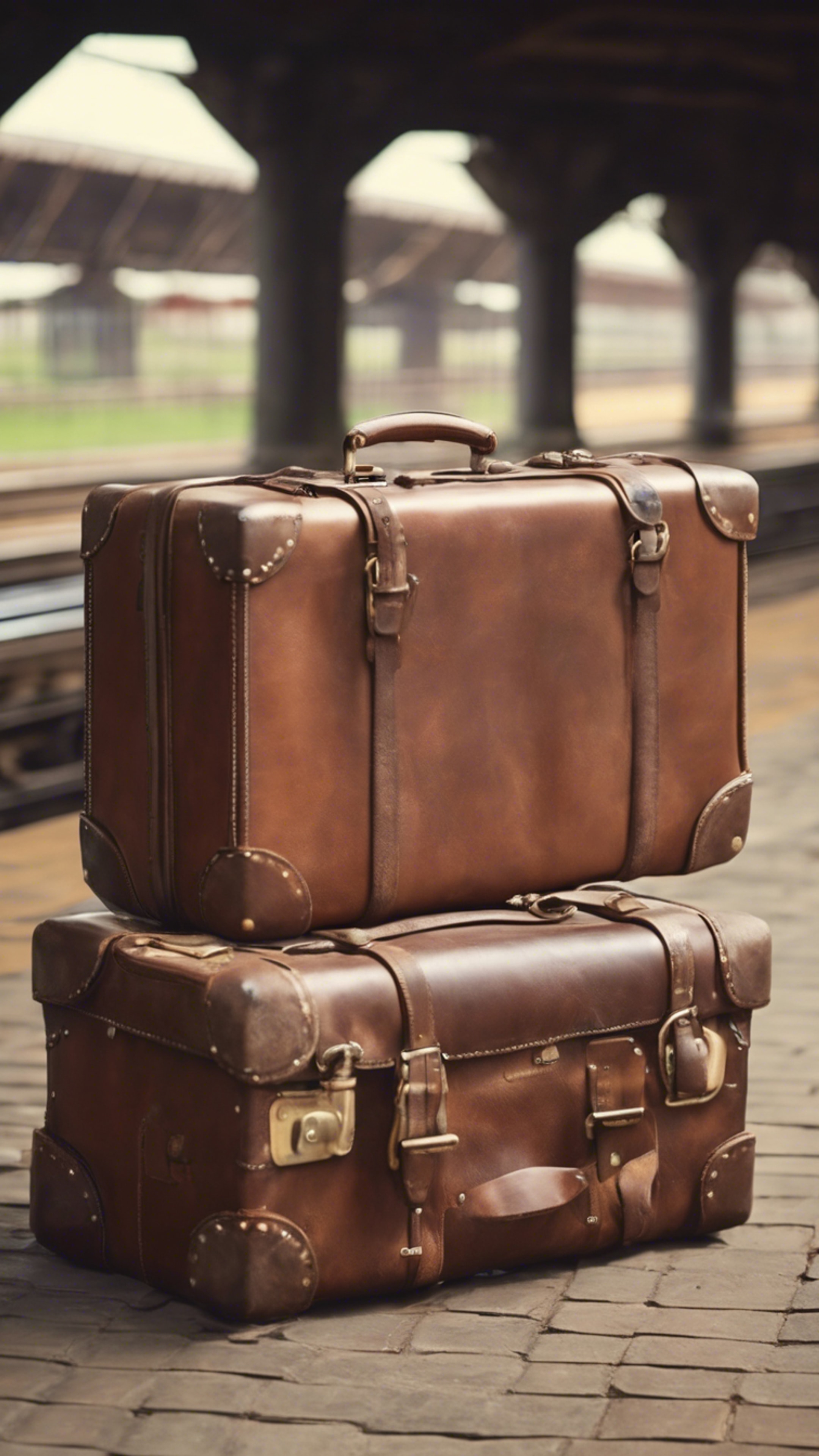 A rustic brown leather suitcase with travel tags, sitting at a quaint railway station. Тапет[6b7e956de06740cdbd0e]