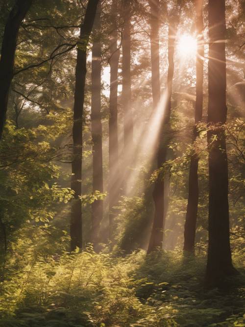 美しい森の木々を透けて差し込むローズゴールド色の太陽光の壮大な景色