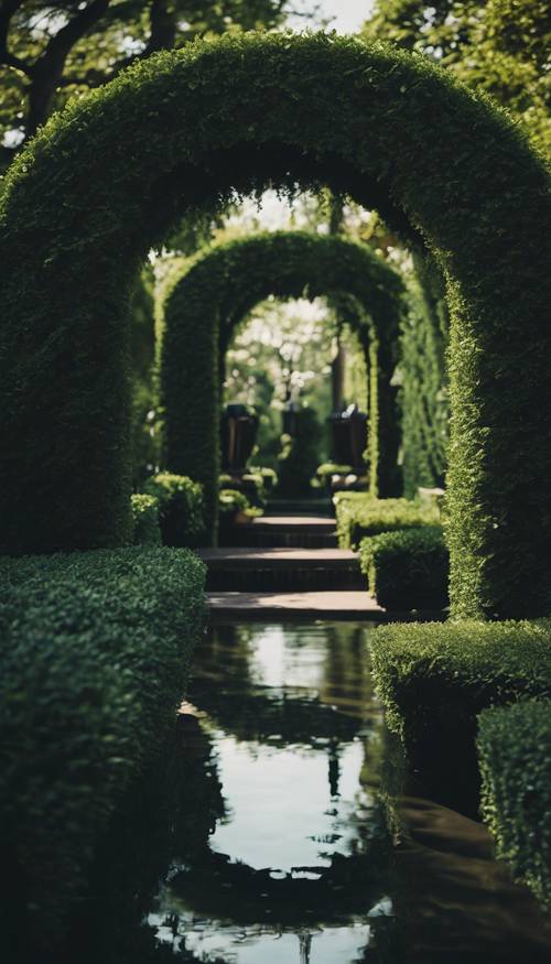 In a dark garden, a series of curving, shadowy paths wind their way past verdant green hedges and darkened water fountains.