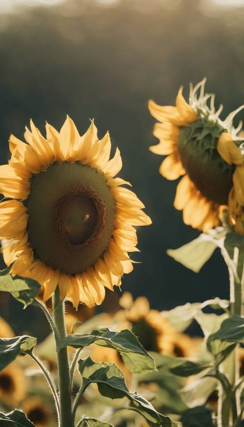 A field of sunflowers basking in the soft morning light. Tapet [31e0560996a04d168bea]