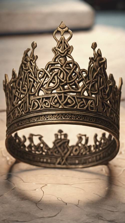 Một chiếc vương miện bằng đồng trang nghiêm với các nút thắt và thiết kế kiểu Celtic, tượng trưng cho quyền lực và lịch sử của các vị vua cổ đại.