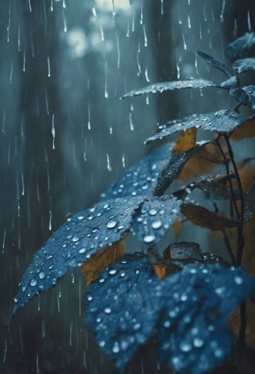 A thick blue forest captured in a sudden downpour, raindrops pelting on the leaves creating a soothing symphony. Tapet [eefc0f27387f42e79014]