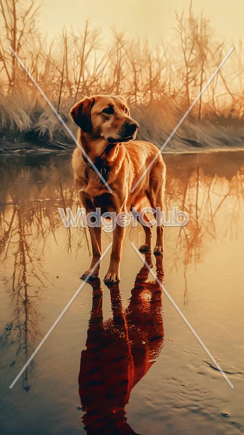 الكلب الذهبي بجانب الماء عند خلفية غروب الشمس