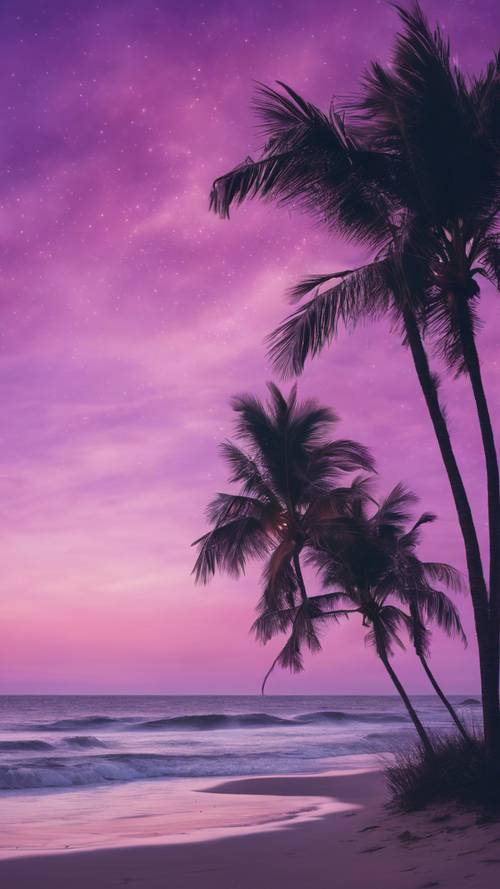 חזית חוף שלווה מעוטרת בשמי דמדומים סגולים מיסטיים.