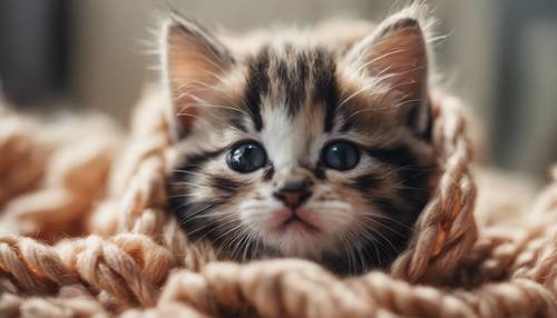 Un adorable chaton à carreaux sortant sa tête d&#39;une chaude boule de laine.