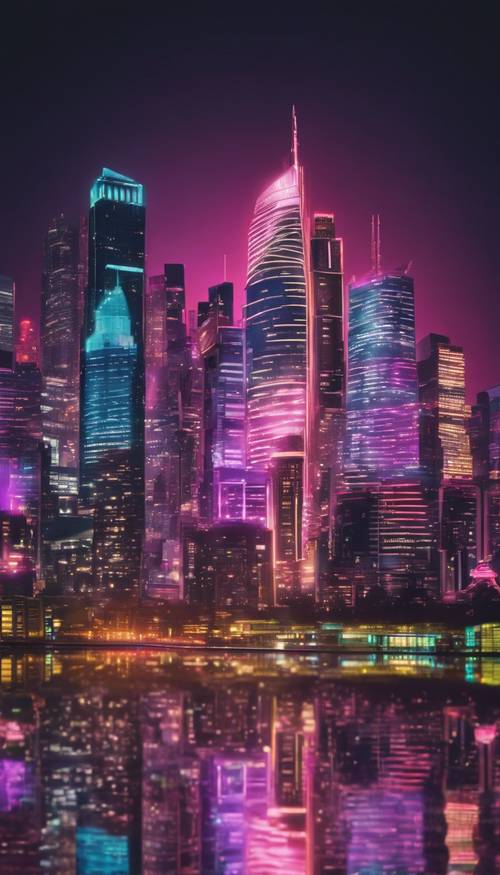 Paesaggio urbano moderno e colorato con luci al neon che si riflettono sui grattacieli di notte.