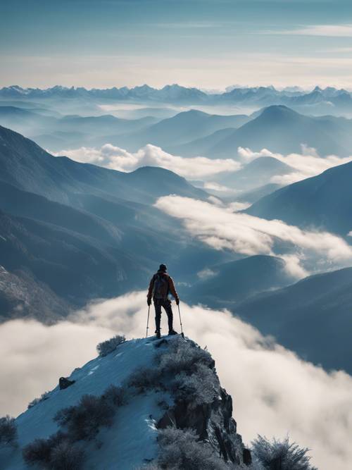 Un randonneur solitaire au sommet d’une Montagne Bleue, triomphant et émerveillé.