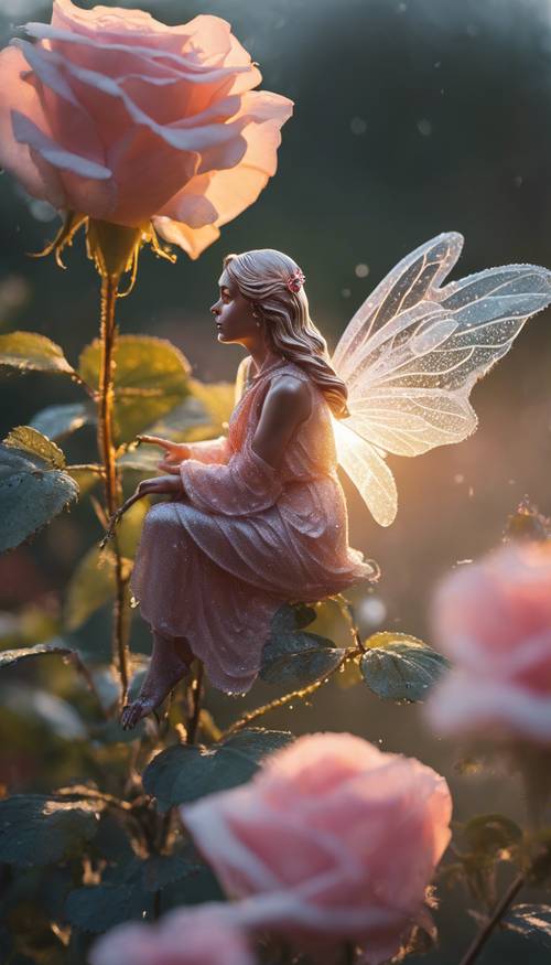 A fairy with opalescent wings sitting on a dewy morning rose in the early dawn light.