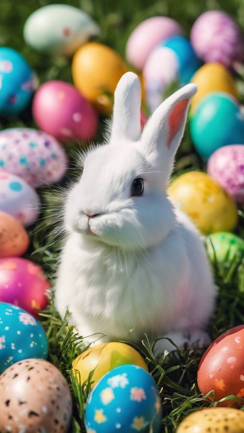 햇볕이 잘 드는 초원에서 다채로운 부활절 달걀로 둘러싸인 푹신한 토끼 무리.