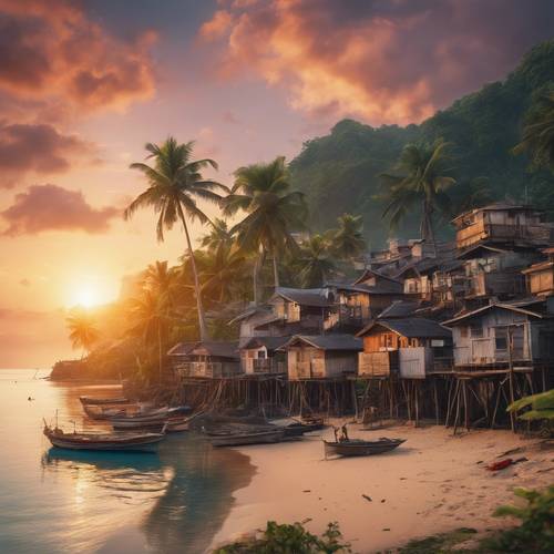 Un&#39;alba tropicale mozzafiato su un sonnolento villaggio di pescatori