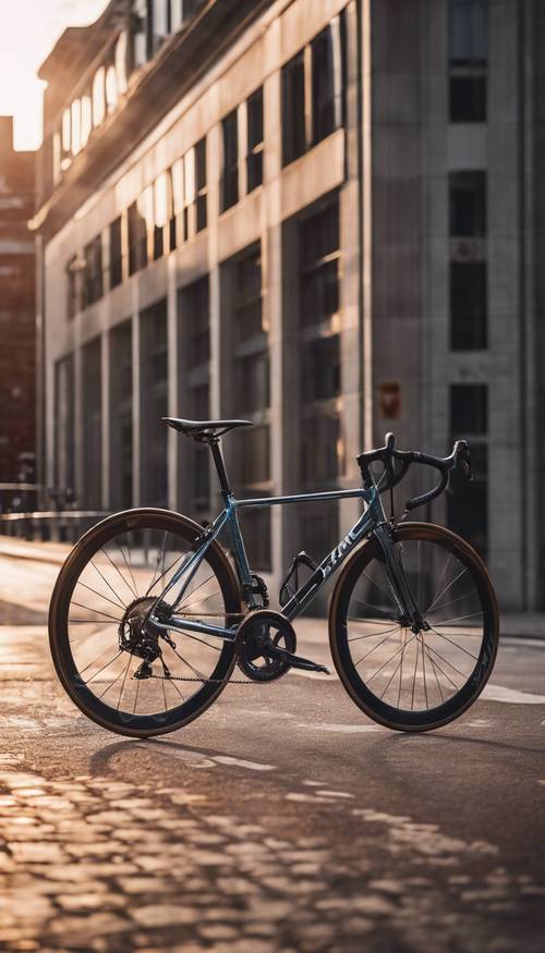 Una bicicletta da strada elegante e moderna sullo sfondo di un paesaggio urbano al crepuscolo.