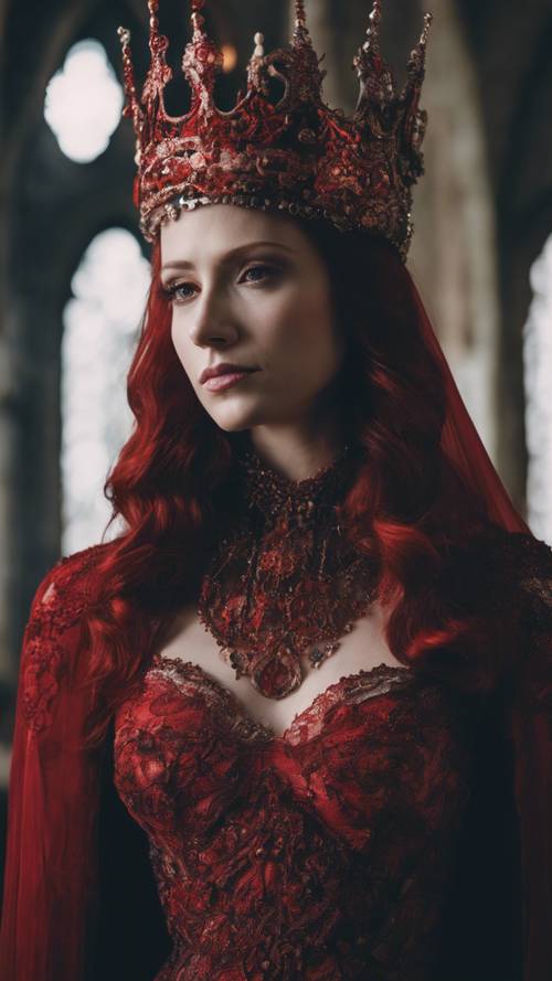 紅色哥德式女王的肖像，表情嚴峻