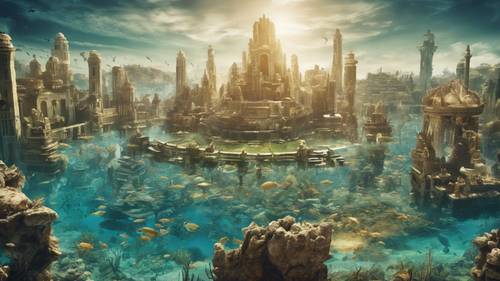 Un mapa de la legendaria ciudad de la Atlántida sumergida bajo el agua.