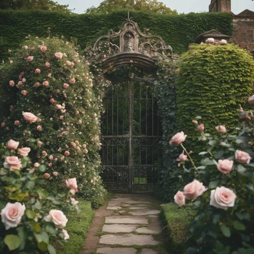 Un jardín isabelino amurallado lleno de historia, con rosas antiguas, césped bien cuidado y una puerta cubierta de hiedra.
