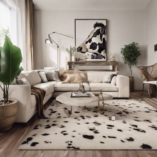 Un soggiorno chic con un tappeto beige con stampa di mucche.