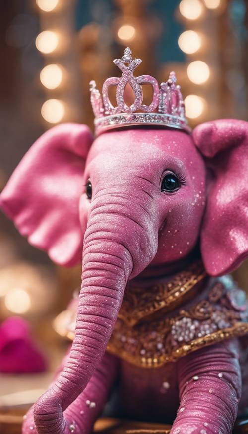Seekor gajah merah muda mengenakan tiara putri.