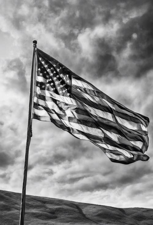 Black and white graphite sketch of the American flag in a dramatic wind.