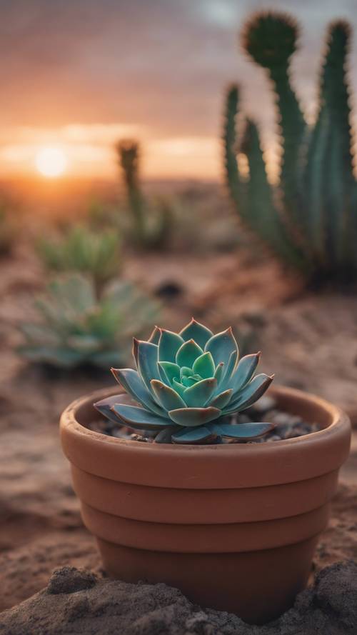 A sunset desert scene with a succulent thriving against the harsh climate.
