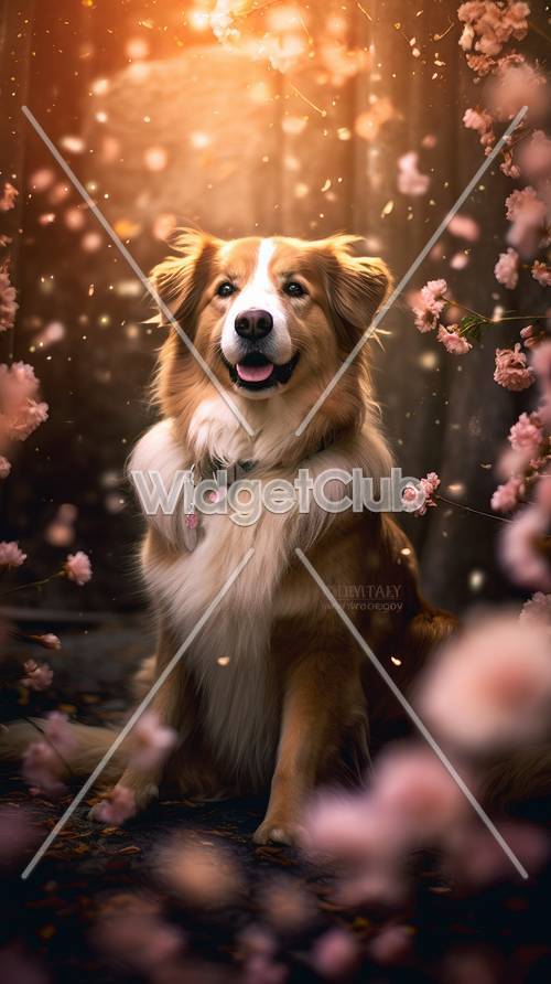 Cachorro sorridente entre flores desabrochando