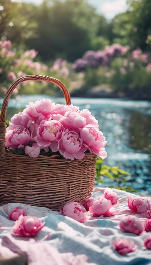 A rustic setting of a picnic in a pink peony garden near a blue stream.