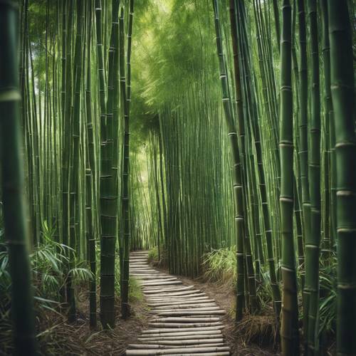 Yeşil bir ormanda uzun bambu filizleriyle kaplı bir yol.