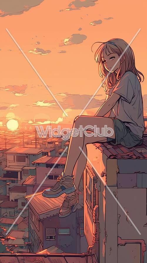 Gadis Anime Matahari Terbenam Duduk di Atap