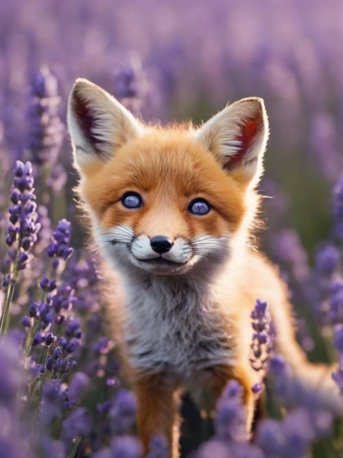 A cute baby fox is cheerfully trying to catch a butterfly fluttering above its head, surrounded by vibrant fields of lavender.