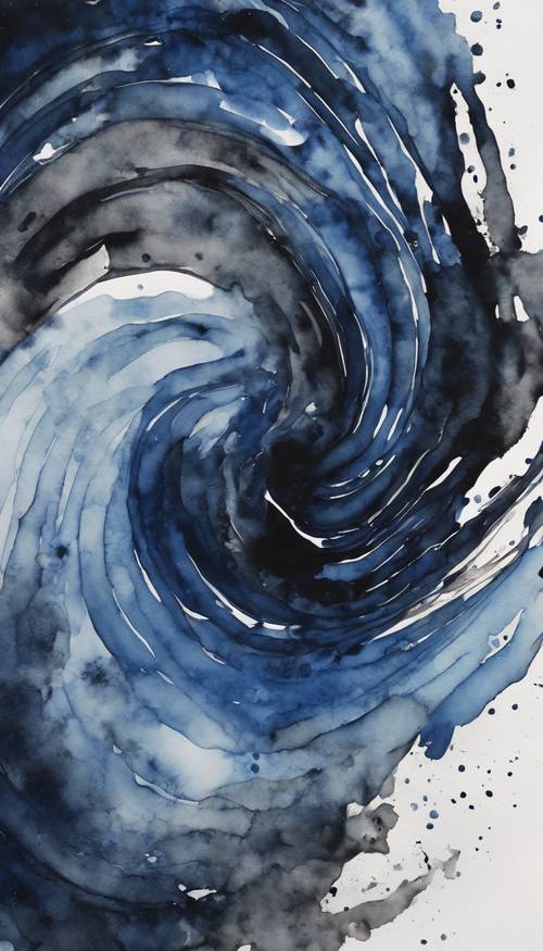 Un dipinto ad acquerello astratto che mostra diverse tonalità di nero e blu scuro vorticose insieme.