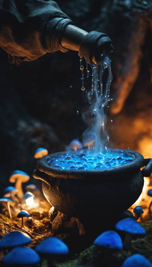 A close-up of a witch's brew; a bubbling cauldron in a dark cave, illuminated by glowing blue mushrooms.