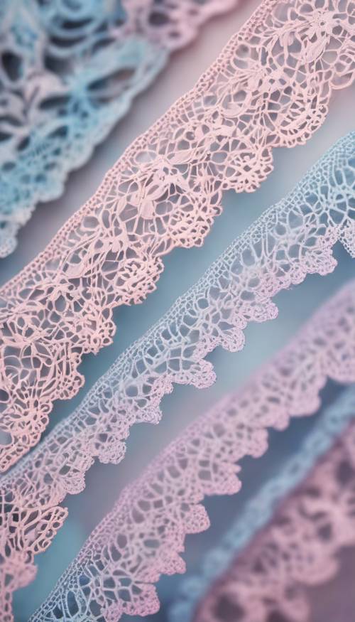 Un elegante diseño de encaje de estilo victoriano con hilos de color rosa pastel, azul y lila.