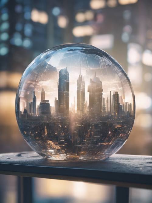 A futuristic cityscape encased in a transparent dome to protect against a harsh outer environment.