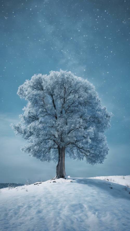 Uma árvore solitária e azul-gelo que se ergue no topo de uma colina nevada sob um céu claro e estrelado.
