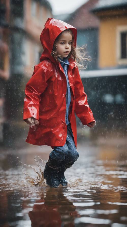 Ein entzückendes kleines Mädchen in einem leuchtend roten Regenmantel und Stiefeln, das an einem regnerischen Tag über Pfützen springt.