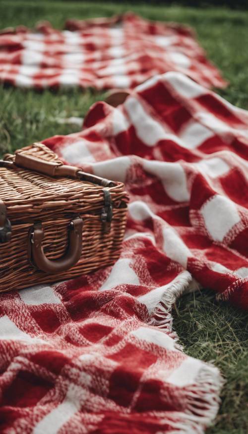 Una manta de picnic colocada sobre un campo de césped, con un diseño clásico de cuadros rojos y blancos.