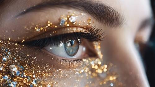 Eine extreme Nahaufnahme der haselnussbraunen Augen einer Frau, die mit glitzerndem Make-up bemalt sind.
